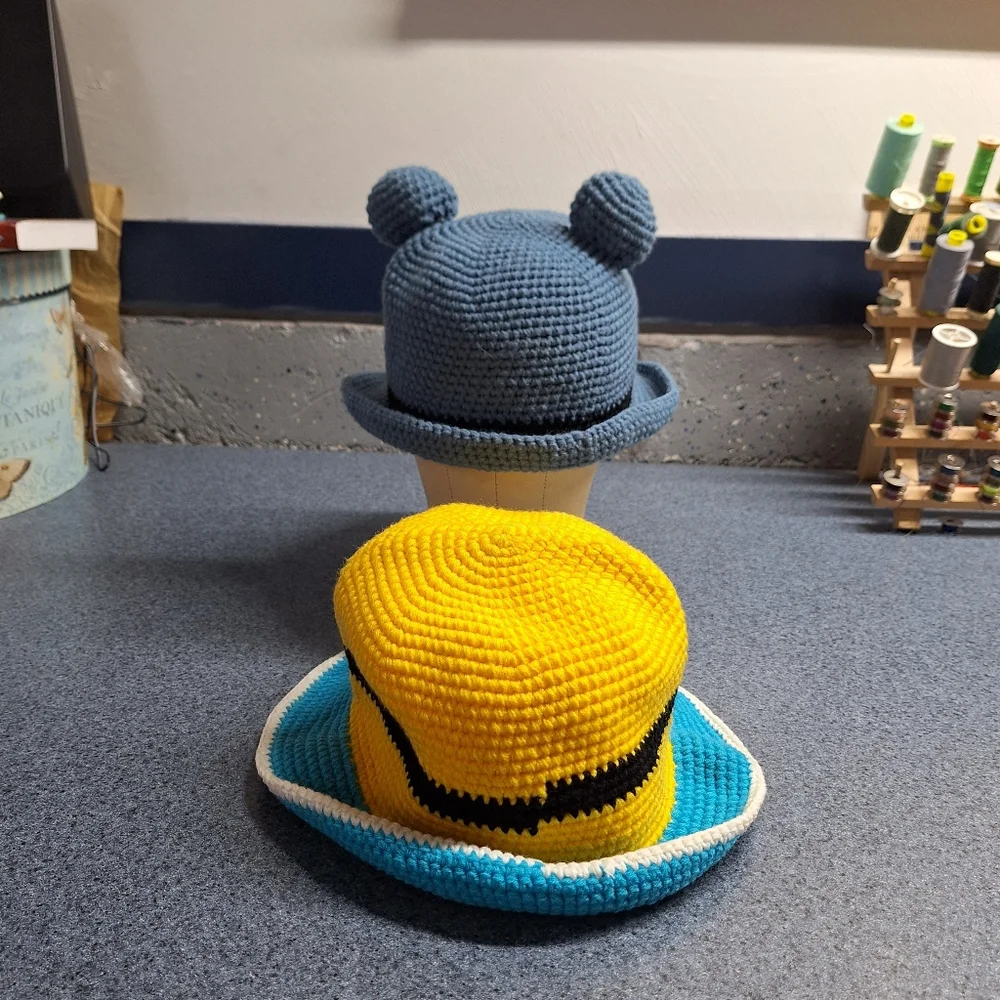 Hand Crocheted Bear & Minion Bucket Hats, Large, NWOT